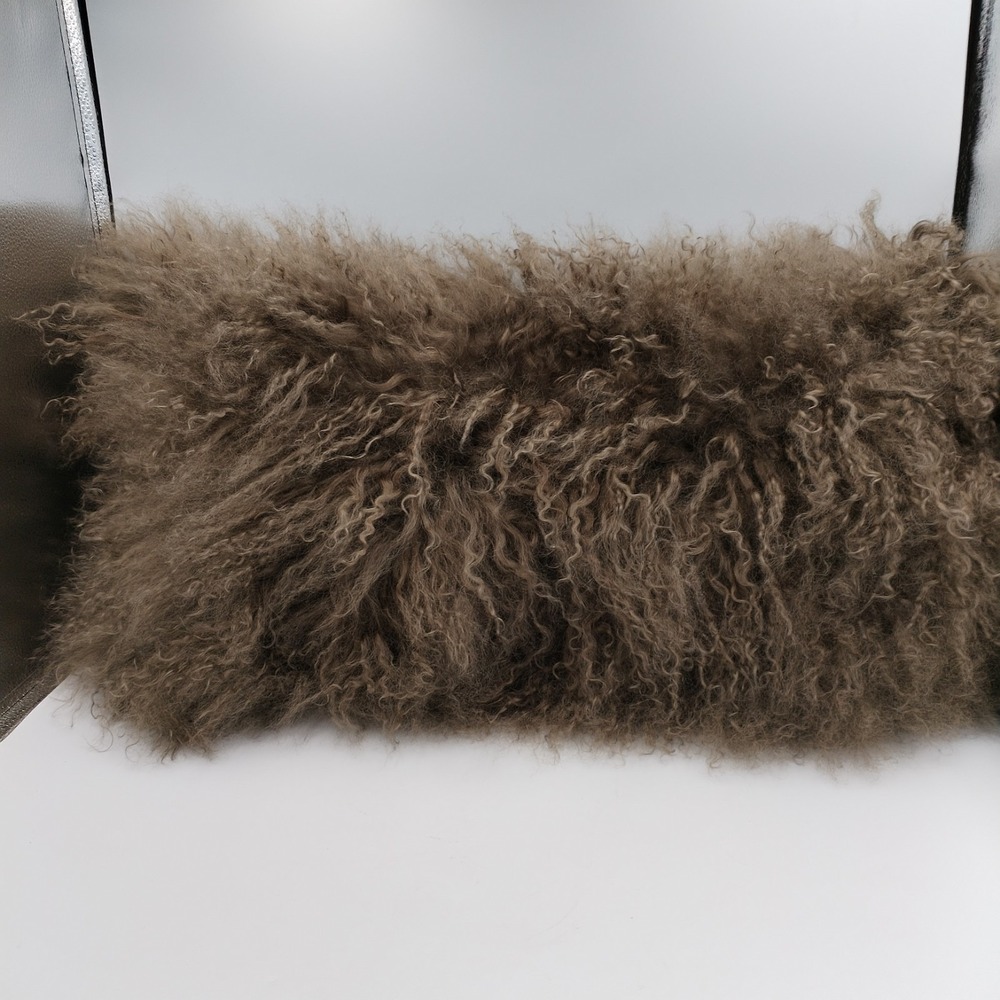 Donna Karan Home Mongolian Lamb Fur Pillow Brown Suede Back 24"x11" Lumbar Curly